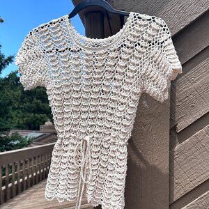EUC Handmade Crochet Cream Peplum Short-Sleeve Sweater